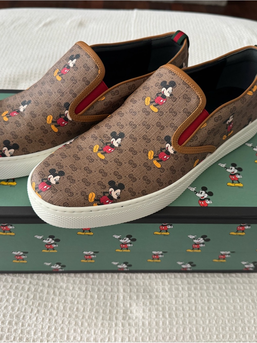 Gucci Brown Mickey Mouse GG Canvas Slip-On Sneakers